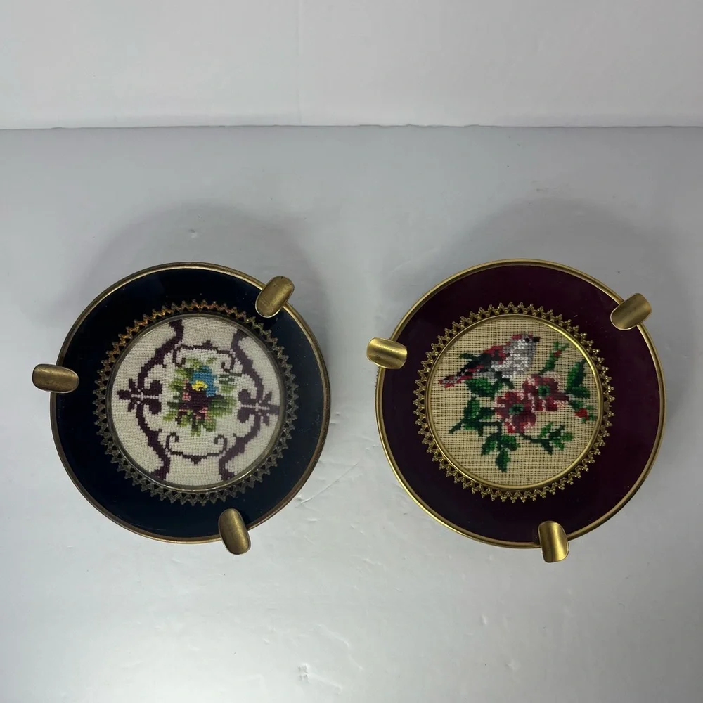Vintage Petit Point Bird And Flower Design Ashtrays With Glass Top Brass Rim.